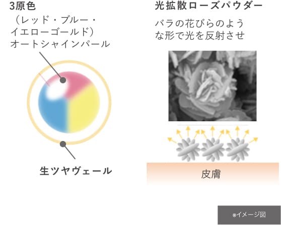 三原色(レッド・ブルー・イエローゴールド)オートシャインパールを生ツヤヴェールが包み込む図、光拡散ローズパウダー バラの花びらのような形で光を反射させる